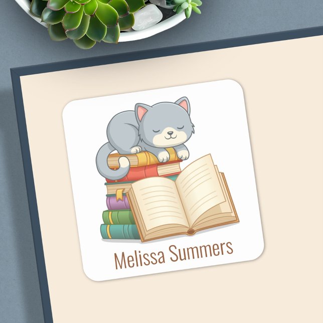 Adesivo Quadrado Cute Cat Book Stack Custom Name Bookplate (Criador carregado)