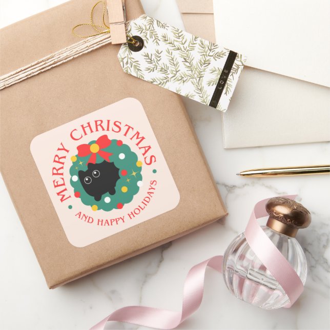 Adesivo Quadrado Cute Cat Christmas Sticker (Presentear)