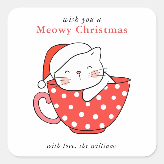 Adesivo Quadrado Cute Cat Illustration Red & White Meowy Christmas (Frente)