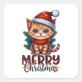 Adesivo Quadrado Cute Cat Kitten Merry Christmas Square Sticker