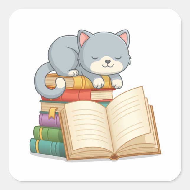 Adesivo Quadrado Cute Cat on top of a Book Stack (Frente)