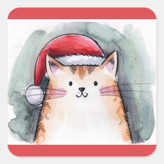 Adesivo Quadrado Cute Cat with Santa Hat Square Stickers