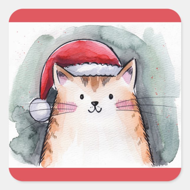 Adesivo Quadrado Cute Cat with Santa Hat Square Stickers (Frente)