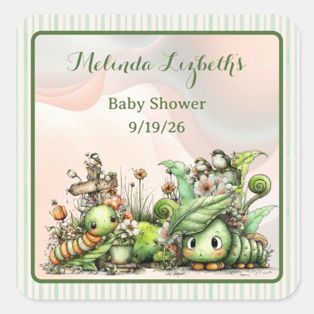Adesivo Quadrado Cute Caterpillar Garden Baby Shower Party (Frente)
