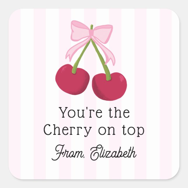 Adesivo Quadrado Cute Cherry Bow Pink Stripes Coquette Aesthetic (Frente)