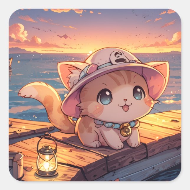 Adesivo Quadrado Cute Chibi Kitten at the Harbor Sunset – Whimsical (Frente)