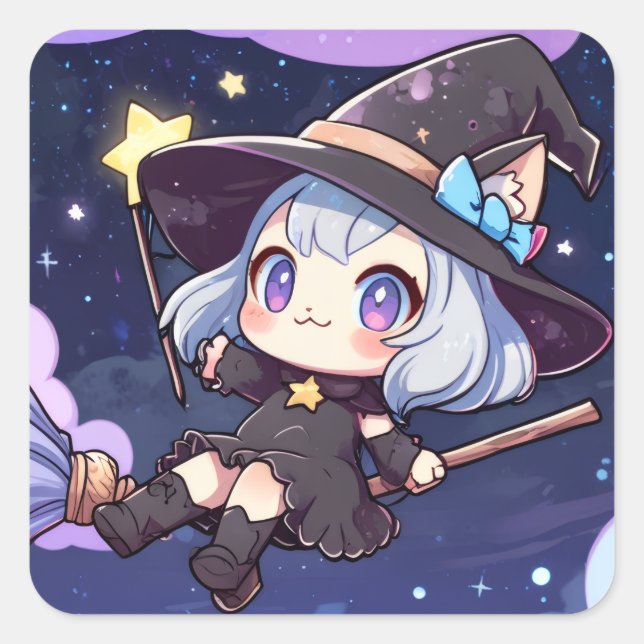 Adesivo Quadrado Cute Chibi Witch Flying in the Night Sky – Whimsic (Frente)