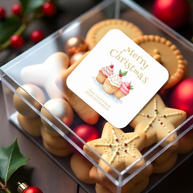 Adesivo Quadrado Cute Christmas Cupcakes Business Support (Cute Christmas Cupcakes Business Support Square Stickers.)