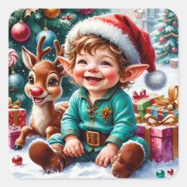 Adesivo Quadrado Cute Christmas Elf & Reindeer