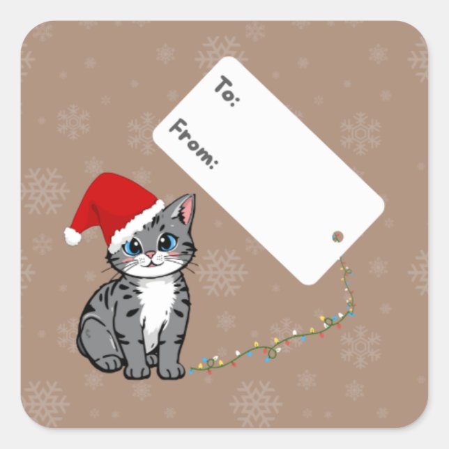 Adesivo Quadrado Cute Christmas Kitty Gift Tag Sticker (Frente)