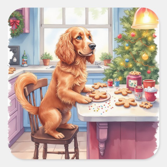 Adesivo Quadrado Cute Cocker Spaniel Gingerbread Baking Christmas (Frente)