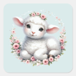 Adesivo Quadrado Cute Cordeiro com Ilustração de Coroa Floral