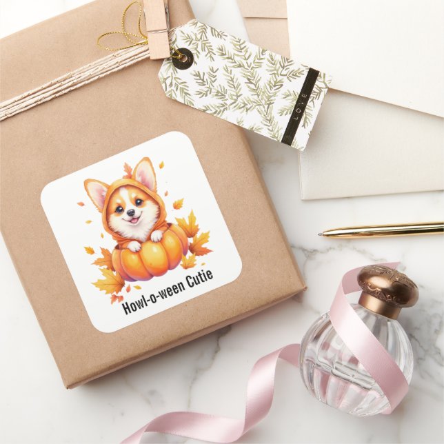 Adesivo Quadrado Cute Corgi Puppy no Pumpkin Costume Halloween (Presentear)