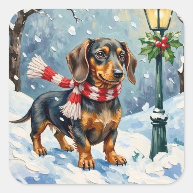 Adesivo Quadrado Cute Dachshund Puppy Cozy Winter Scarf Art (Frente)
