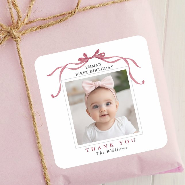 Adesivo Quadrado Cute Deep Blush Pink Bow Birthday Thank You  (Criador carregado)
