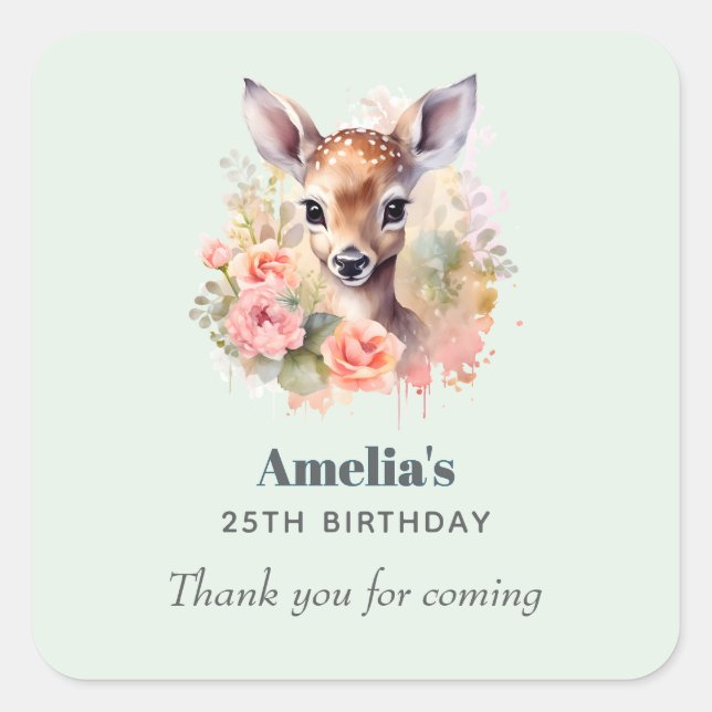 Adesivo Quadrado Cute Deer Cercado Por Rosas Aniversário Obrigado (Frente)