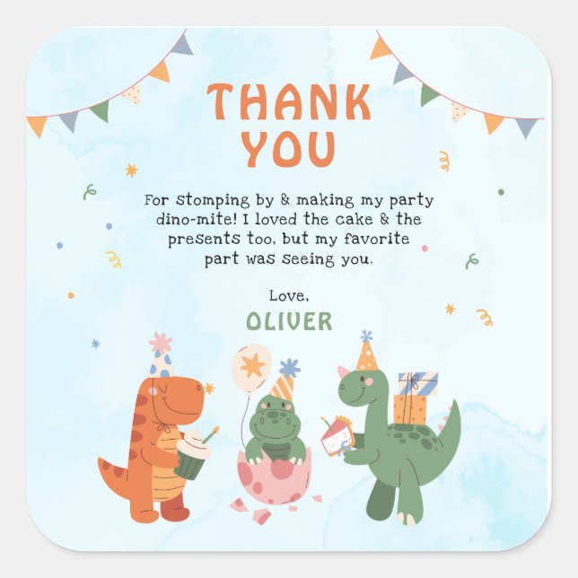 Adesivo Quadrado cute dinosaur 4th Birthday Thank You Cards (Frente)
