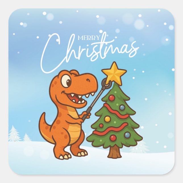 Adesivo Quadrado Cute dinosaur with Christmas tree (Frente)