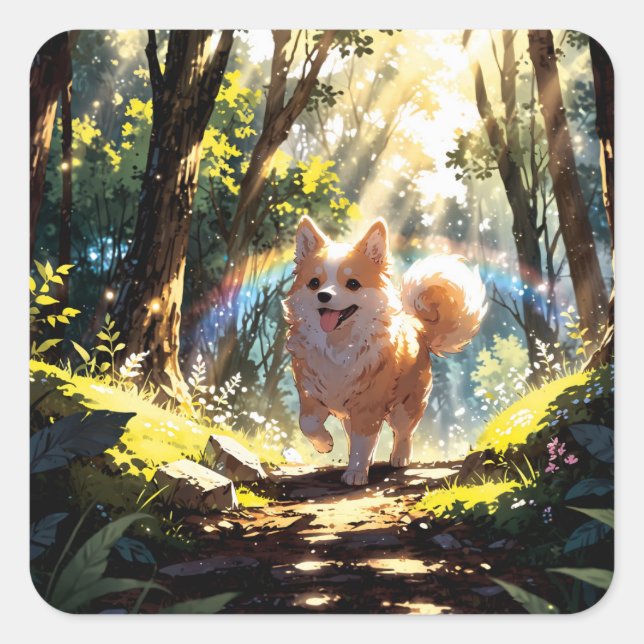 Adesivo Quadrado Cute dog walking in the forest (Frente)