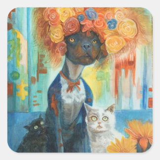 Adesivo Quadrado Cute dog with rose hat and friends stickers