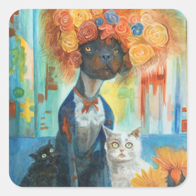 Adesivo Quadrado Cute dog with rose hat and friends stickers (Frente)