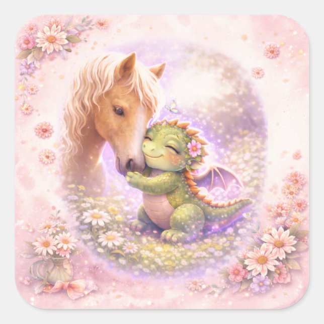 Adesivo Quadrado Cute Dragon & Horse Friendship Greeting Card (Frente)