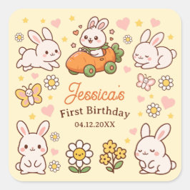 Adesivo Quadrado Cute Easter Bunnies Whimsical 1st Birthday Party