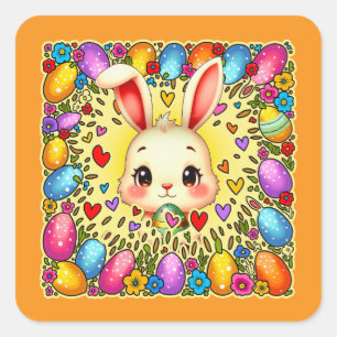 Adesivo Quadrado Cute Easter Bunny – Colorful Eggs Art Autocolante