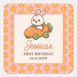 Adesivo Quadrado Cute Easter Bunny Floral 1st Birthday Party