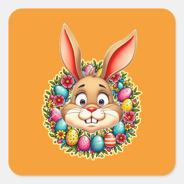 Adesivo Quadrado Cute Easter Bunny – Spring Flowers Autocolante (Frente)