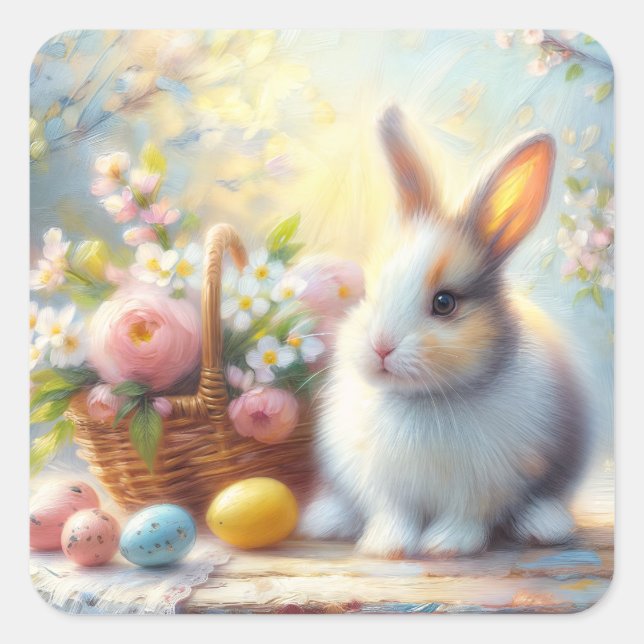 Adesivo Quadrado Cute Easter Bunny with Eggs - Pastel Spring Rabbit (Frente)