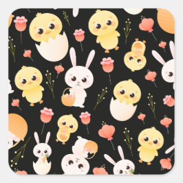 Adesivo Quadrado Cute Easter Chicks & Bunnies Seamless Pattern Orn