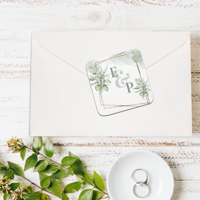 Adesivo Quadrado Cute Eucalyptus Deixa Casamento Verde Elegante (Criador carregado)