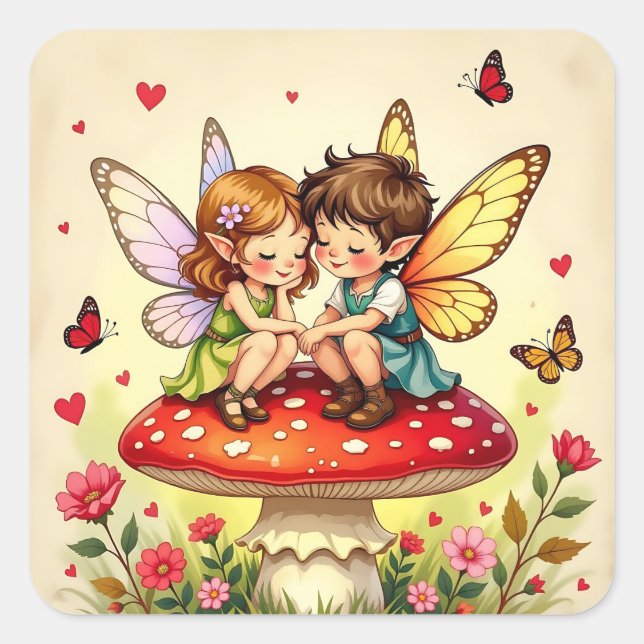 Adesivo Quadrado Cute Fairies on Retro Mushrooms Vintage (Frente)