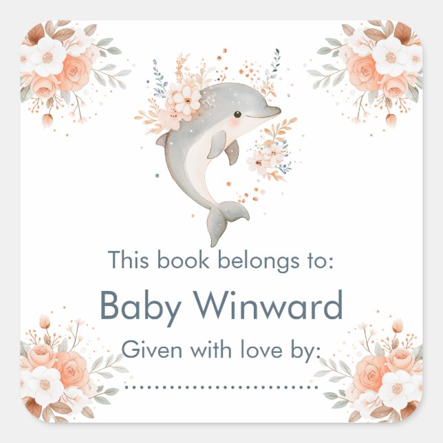 Adesivo Quadrado Cute Floral Dolphin Baby Shower (Frente)