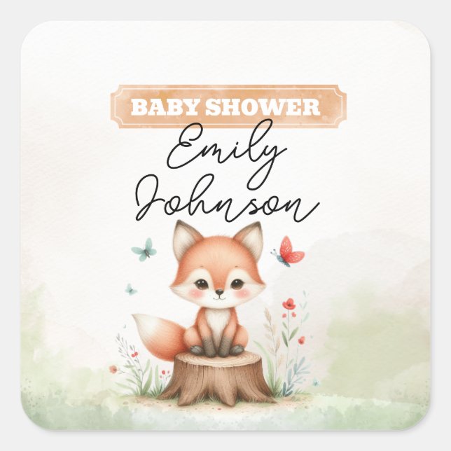 Adesivo Quadrado Cute fox baby shower  (Frente)