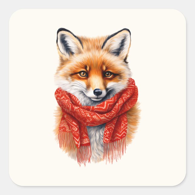 Adesivo Quadrado Cute Fox in a Red Scarf Autumn Image (Frente)