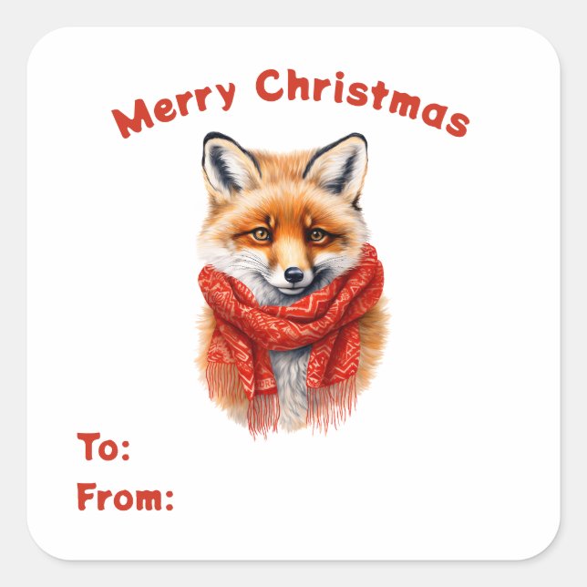 Adesivo Quadrado Cute Fox in a Red Scarf To & From Gift (Frente)