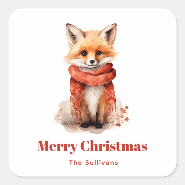 Adesivo Quadrado Cute Fox Pup in a Red Scarf Christmas (Frente)