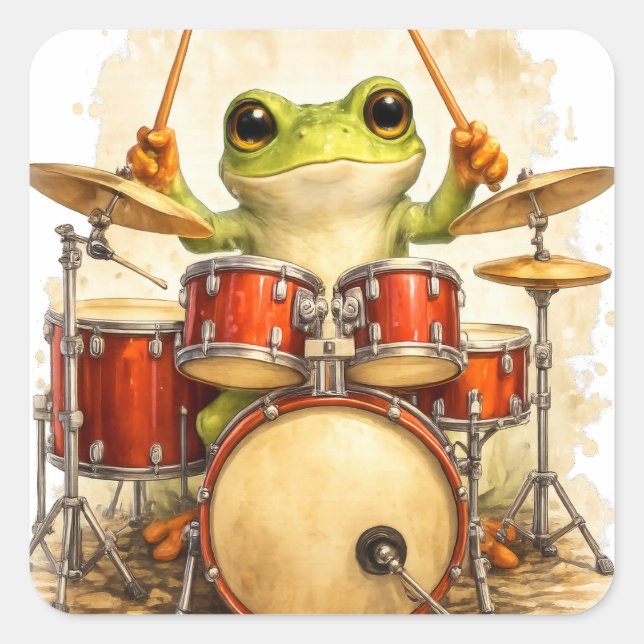 Adesivo Quadrado Cute Frog Drummer Sticker – Funny Music Art (Frente)