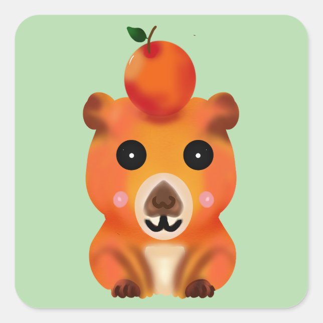 Adesivo Quadrado Cute Fuzzy Capybara with Orange | Kawaii Animal Ar (Frente)
