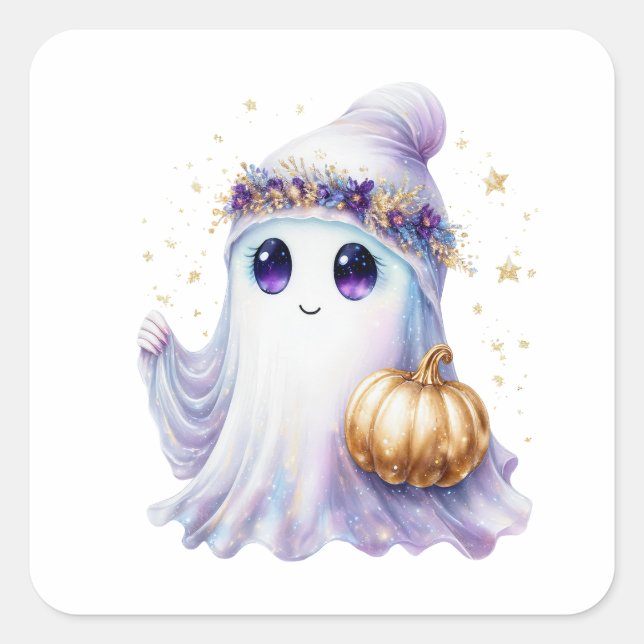 Adesivo Quadrado Cute Ghost Neon Halloween Spooky Seasonal Bougie (Frente)