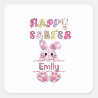 Adesivo Quadrado Cute Girl Personalize Happy Easter Bunny