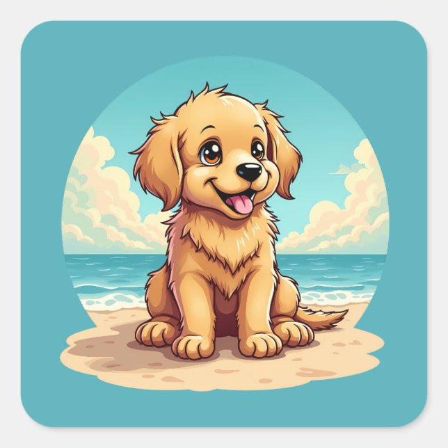 Adesivo Quadrado Cute Golden Puppy at Sunny Beach Scene (Frente)