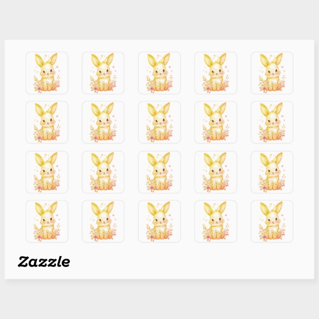 Adesivo Quadrado Cute Golden Yellow Bunny Baby Pastel Shower Party (Folha)