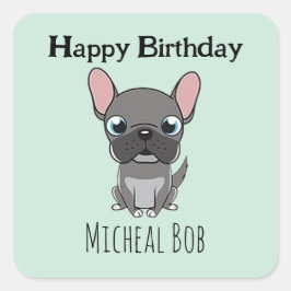 Adesivo Quadrado Cute gray happy birthday custom name pug dog blue