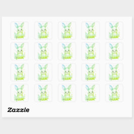 Adesivo Quadrado Cute Green Bunny Party Theme Pastel Floral