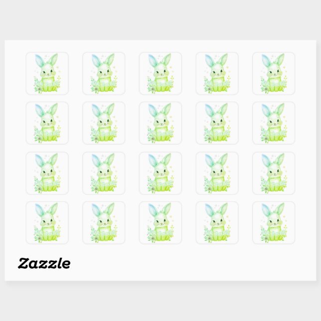 Adesivo Quadrado Cute Green Bunny Party Theme Pastel Floral (Folha)
