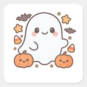 Adesivo Quadrado Cute Halloween Ghost Clipart, Divertido e Cute Spo