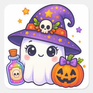 Adesivo Quadrado Cute Halloween Ghost Witch Sticker – Kawaii Ghost